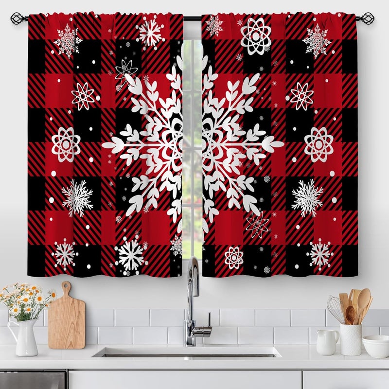 Aimego Christmas Snowflake Kitchen Curtains - Xmas Winter Holiday Pattern Cafe Farmhouse Small Short Tier Window Curtains for Living Dining Room Decor Rod Pocket Window Drapes 36 Inch Length Set 28"x36" - Image 1